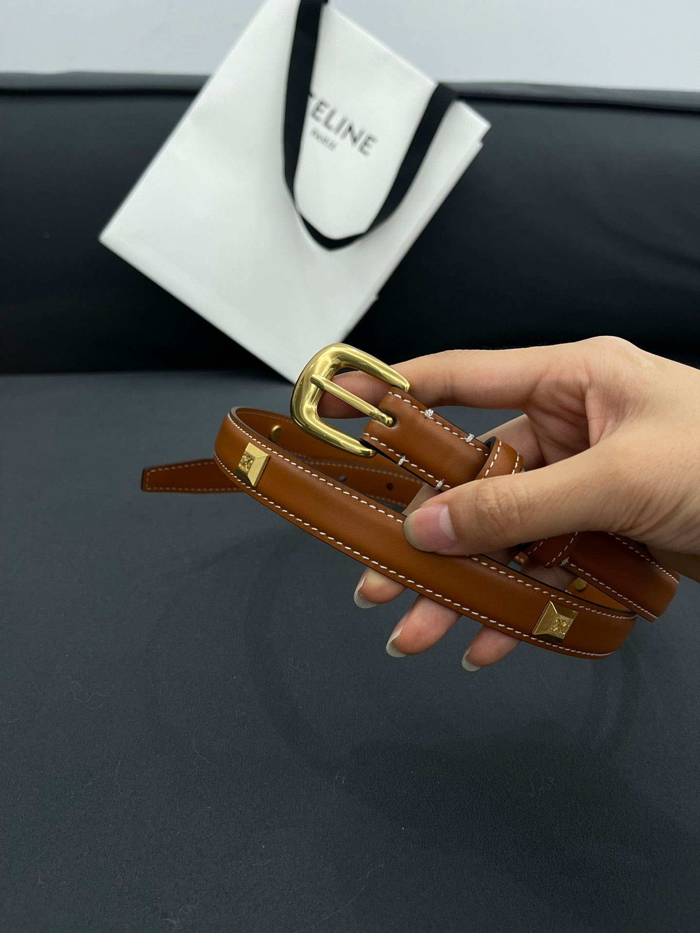 CL SMALL 18 MM TRIOMPHE BELT IN TAURILLON BRONZE BROWN LEATHER GOLD HARDWARE - 30