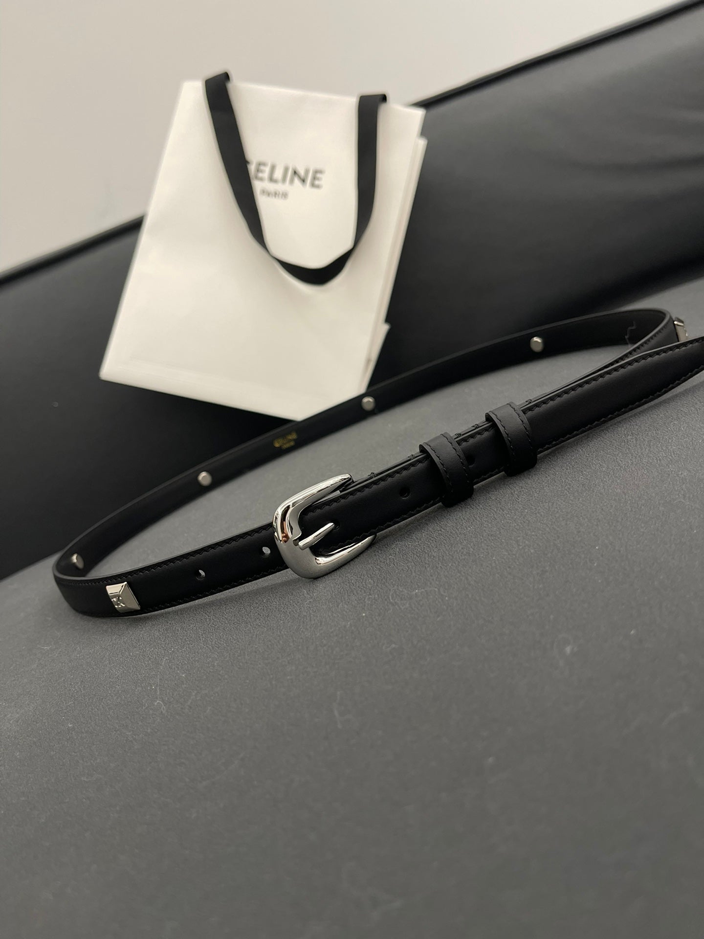 CL SMALL 18 MM TRIOMPHE BELT IN TAURILLON BLACK LEATHER SILVER HARDWARE - 30