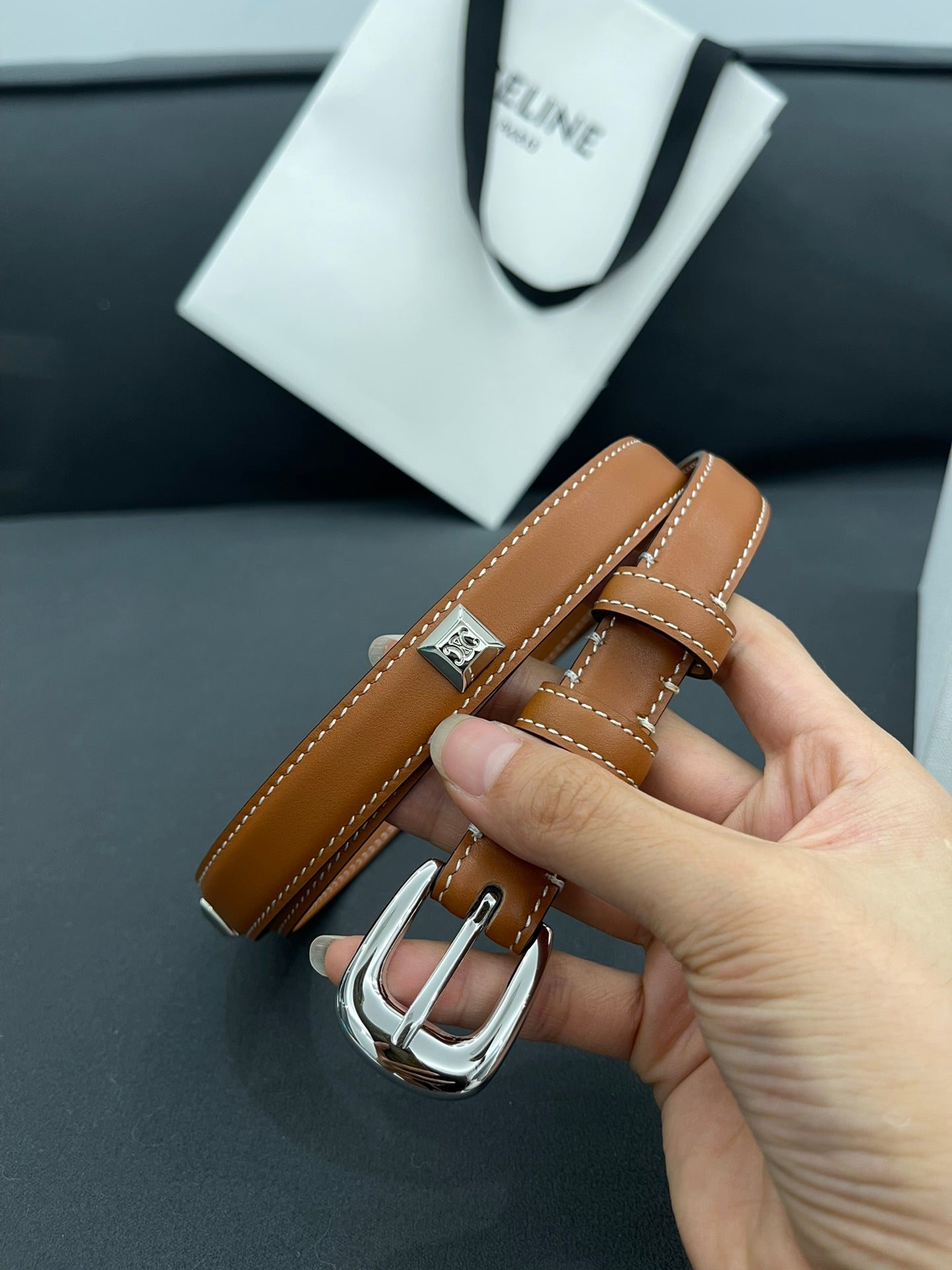 CL SMALL 18 MM TRIOMPHE BELT IN TAURILLON BRONZE BROWN LEATHER SILVER HARDWARE - 30