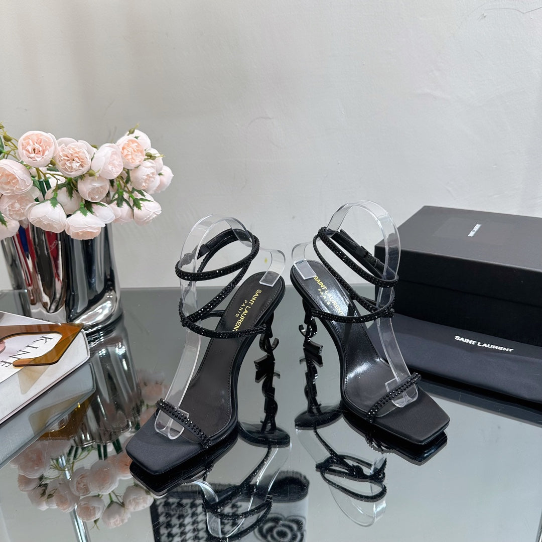 SL OPYUM CRYSTAL HEELED SANDALS BLACK SATIN - 34