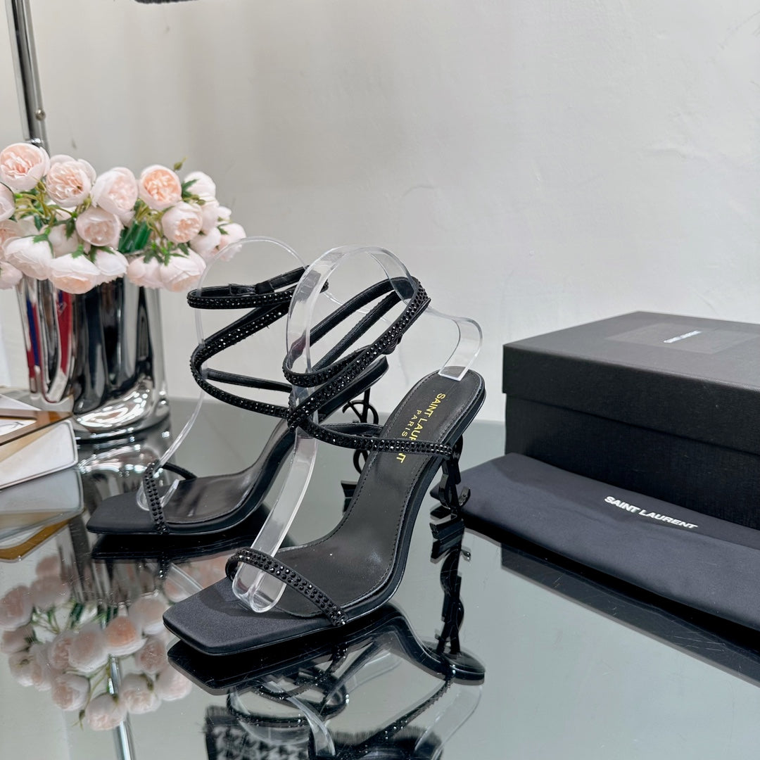 SL OPYUM CRYSTAL HEELED SANDALS BLACK SATIN - 34