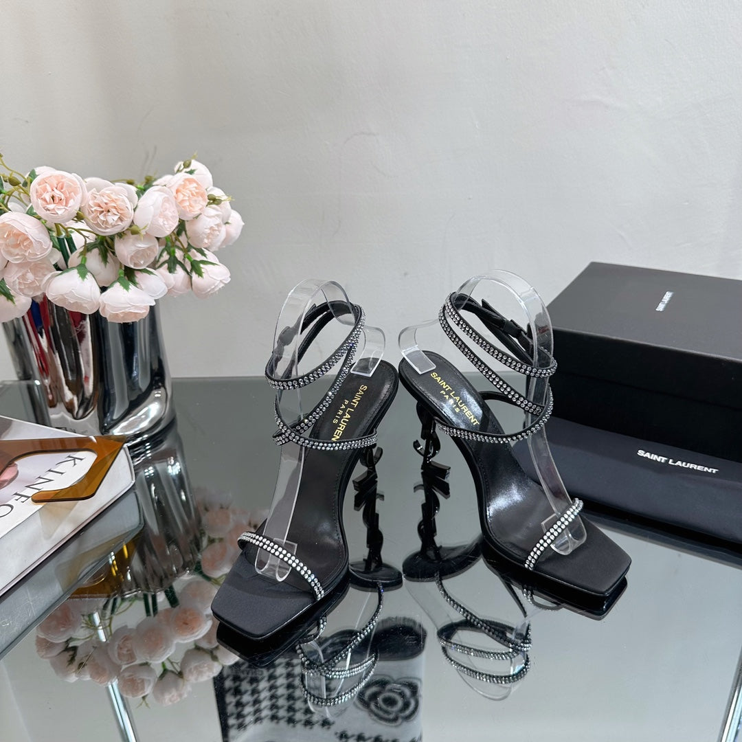SL OPYUM WHITE CRYSTAL HEELED SANDALS BLACK SATIN - 34
