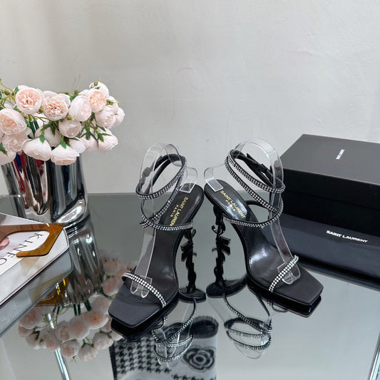 SL OPYUM WHITE CRYSTAL HEELED SANDALS BLACK SATIN - 34