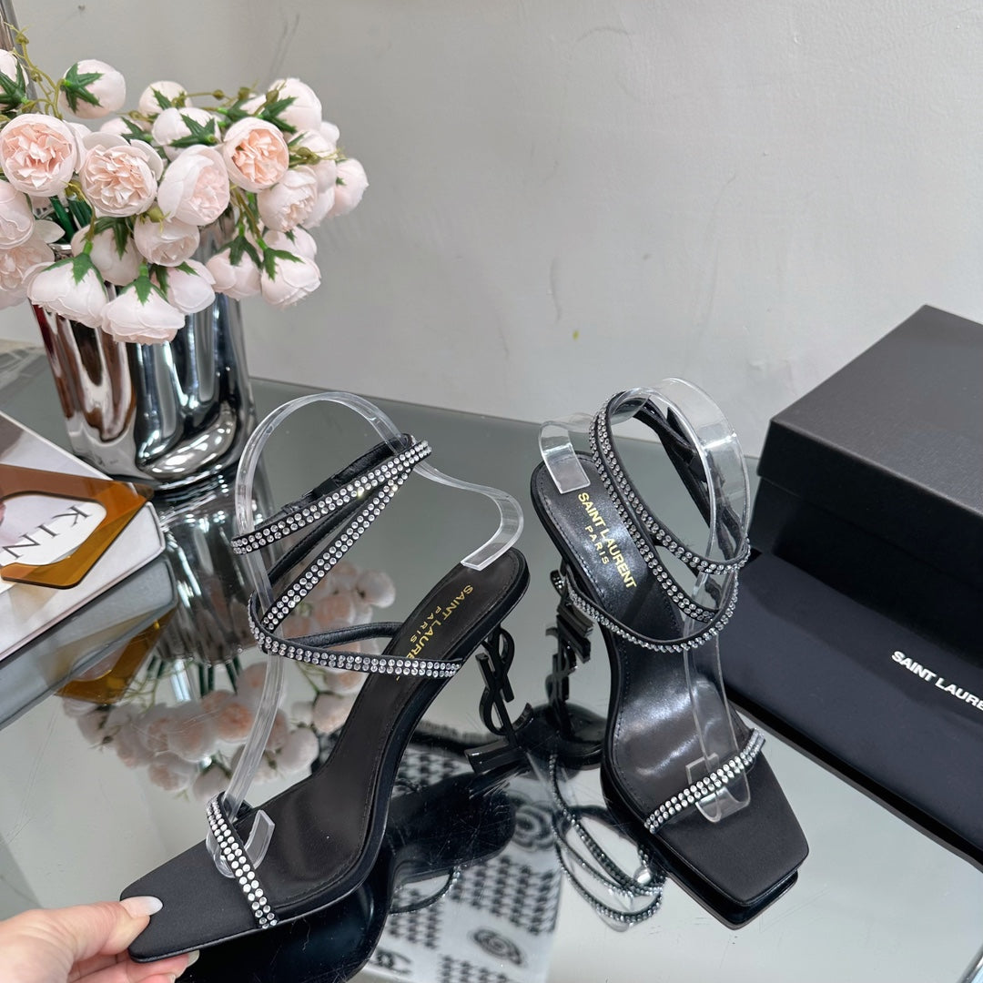 SL OPYUM WHITE CRYSTAL HEELED SANDALS BLACK SATIN - 34