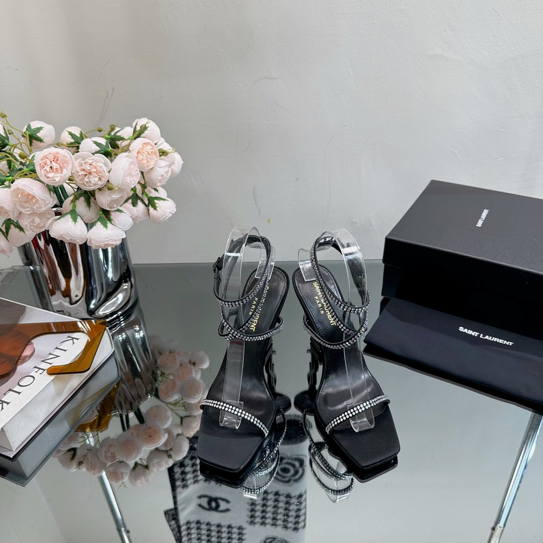 SL OPYUM WHITE CRYSTAL HEELED SANDALS BLACK SATIN - 34
