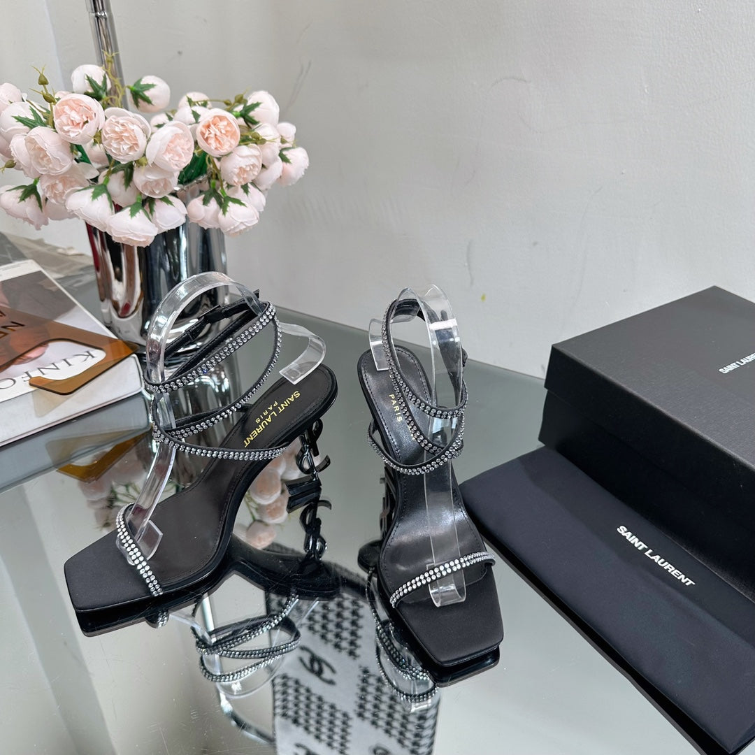 SL OPYUM WHITE CRYSTAL HEELED SANDALS BLACK SATIN - 34