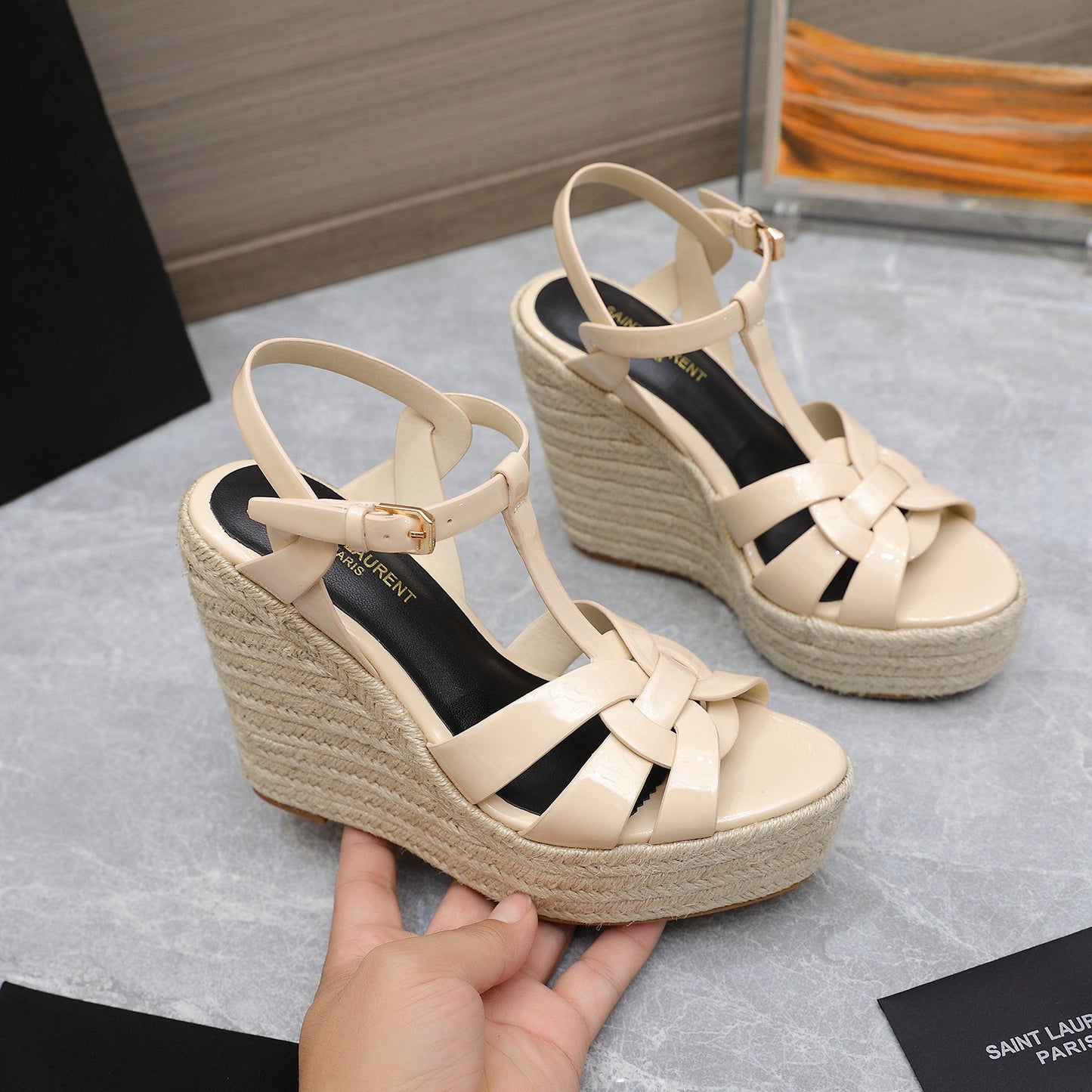 SL TRIBUTE WEDGE SANDALS BEIGE POLISHED CALFSKIN - 35