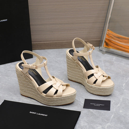 SL TRIBUTE WEDGE SANDALS BEIGE POLISHED CALFSKIN - 35