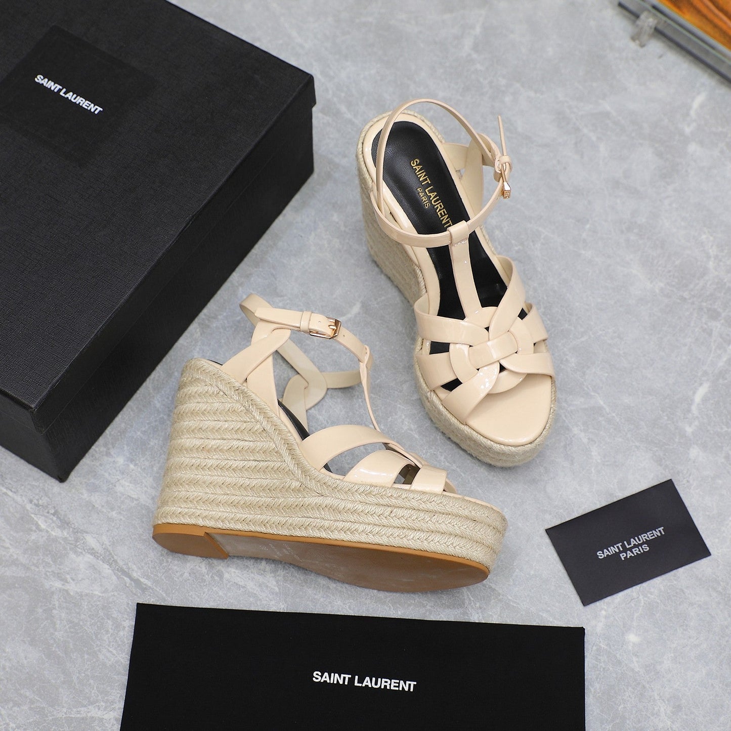 SL TRIBUTE WEDGE SANDALS BEIGE POLISHED CALFSKIN - 35