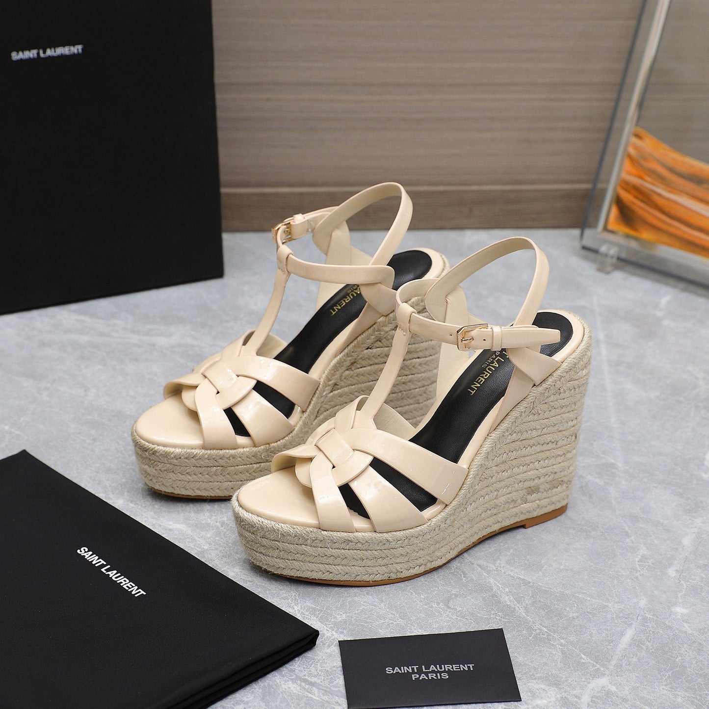 SL TRIBUTE WEDGE SANDALS BEIGE POLISHED CALFSKIN - 35