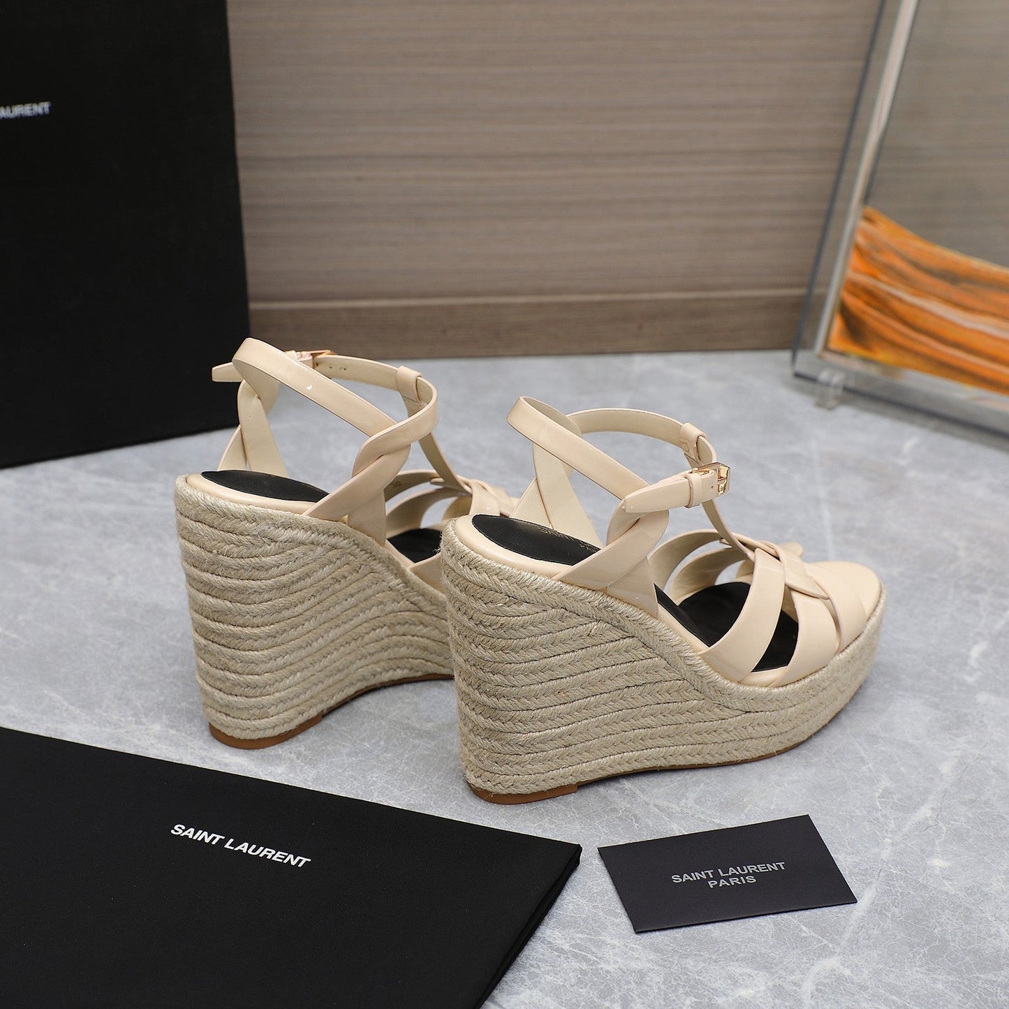 SL TRIBUTE WEDGE SANDALS BEIGE POLISHED CALFSKIN - 35