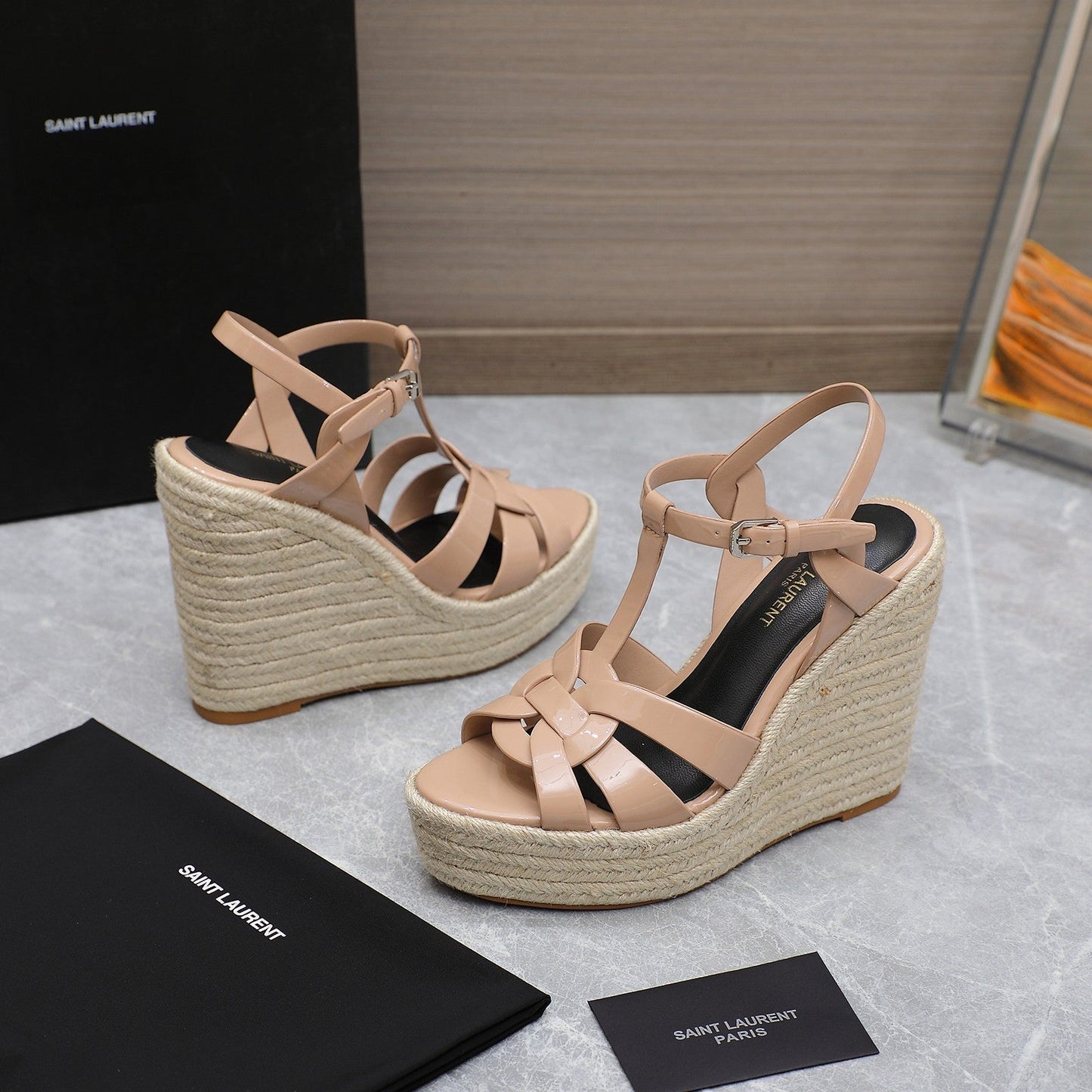 SL TRIBUTE WEDGE SANDALS PINK NUDE POLISHED CALFSKIN - 35