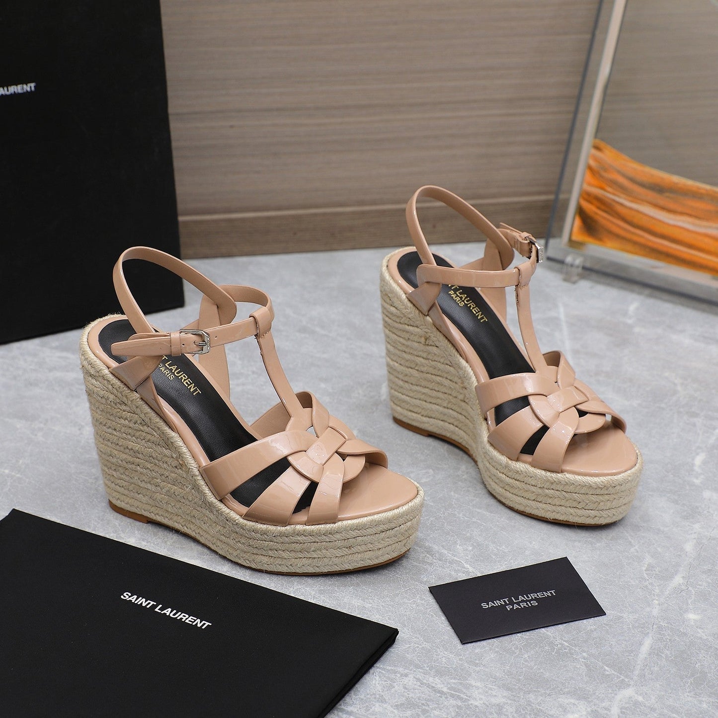 SL TRIBUTE WEDGE SANDALS PINK NUDE POLISHED CALFSKIN - 35