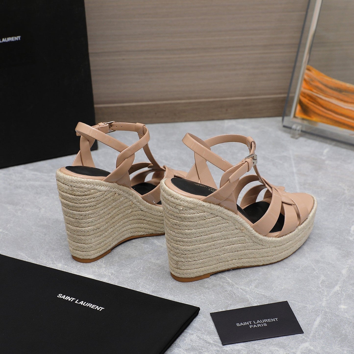 SL TRIBUTE WEDGE SANDALS PINK NUDE POLISHED CALFSKIN - 35