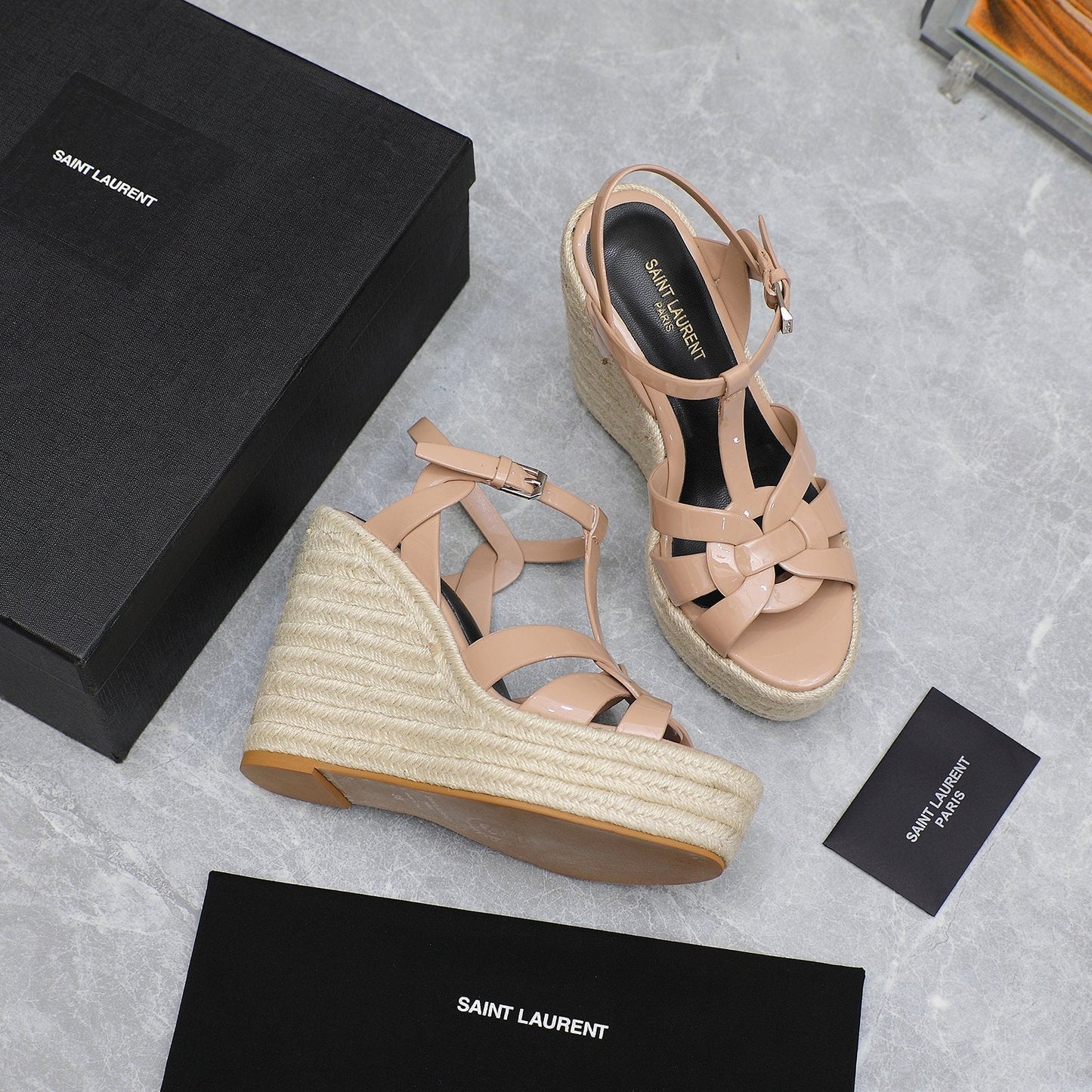 SL TRIBUTE WEDGE SANDALS PINK NUDE POLISHED CALFSKIN - 35