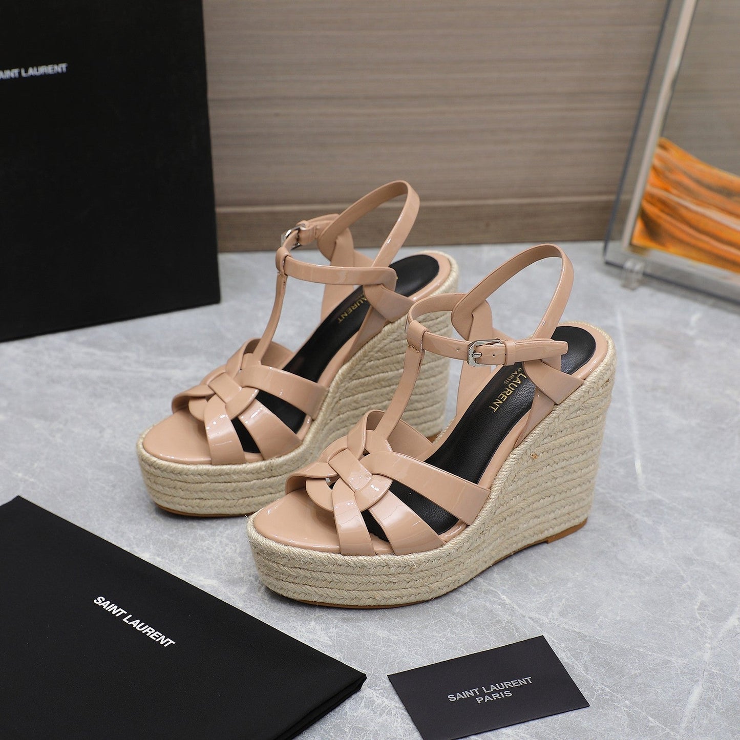SL TRIBUTE WEDGE SANDALS PINK NUDE POLISHED CALFSKIN - 35