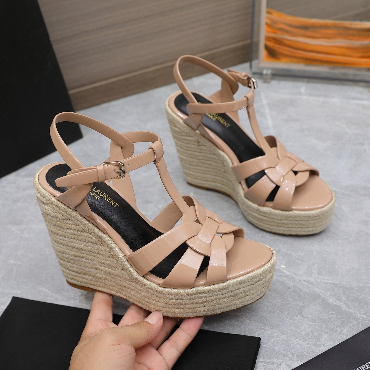 SL TRIBUTE WEDGE SANDALS PINK NUDE POLISHED CALFSKIN - 35