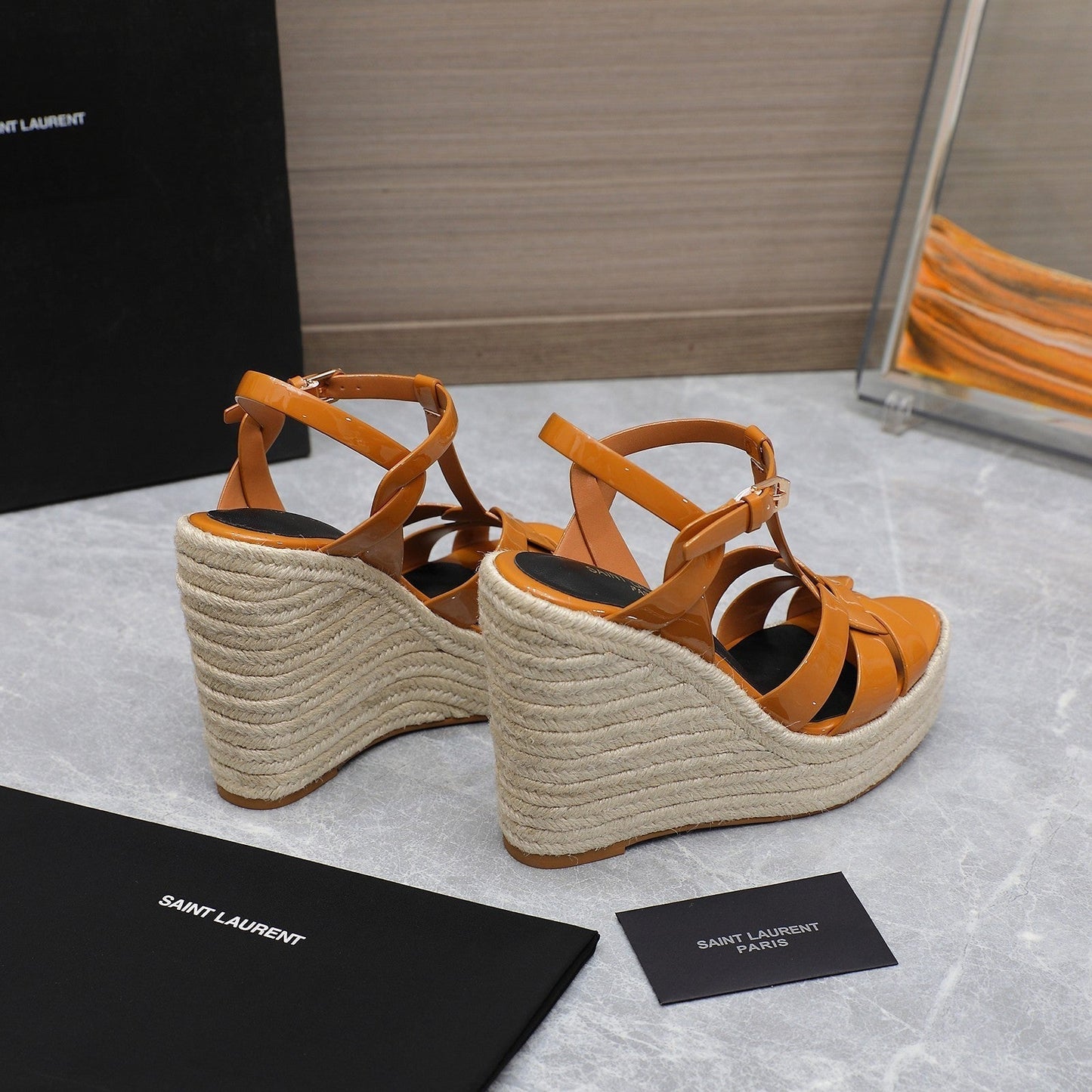 SL TRIBUTE WEDGE SANDALS TANGERINE POLISHED CALFSKIN - 35