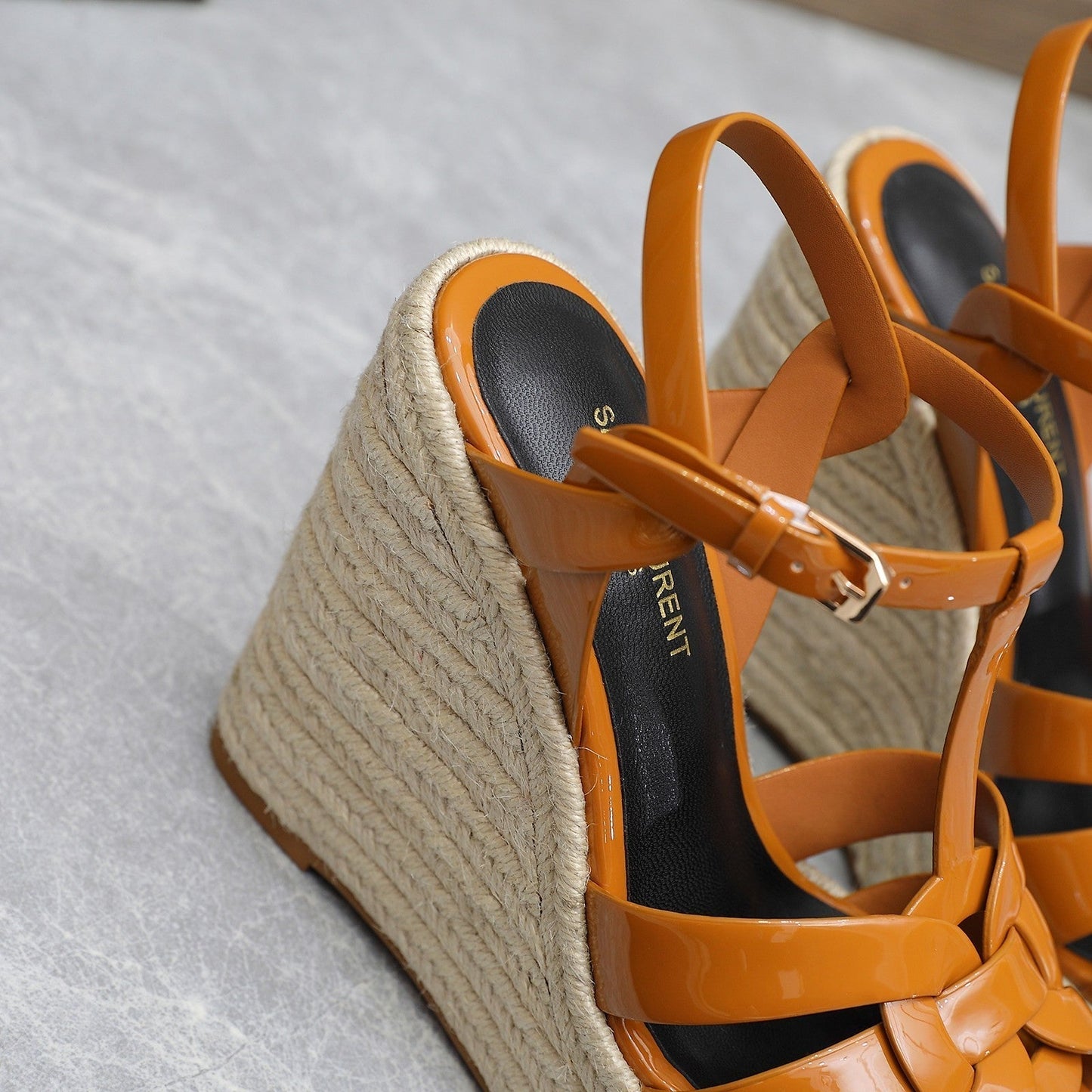 SL TRIBUTE WEDGE SANDALS TANGERINE POLISHED CALFSKIN - 35