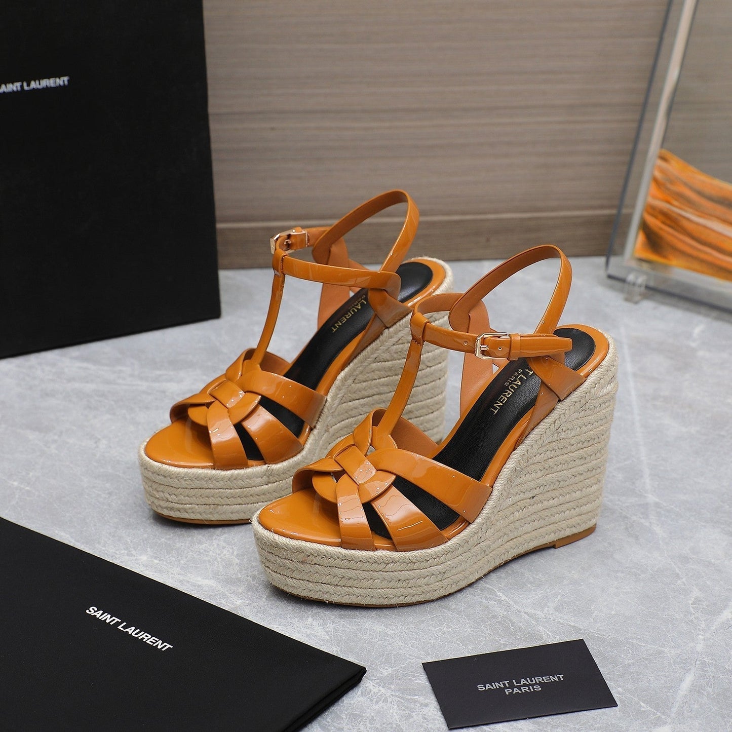 SL TRIBUTE WEDGE SANDALS TANGERINE POLISHED CALFSKIN - 35