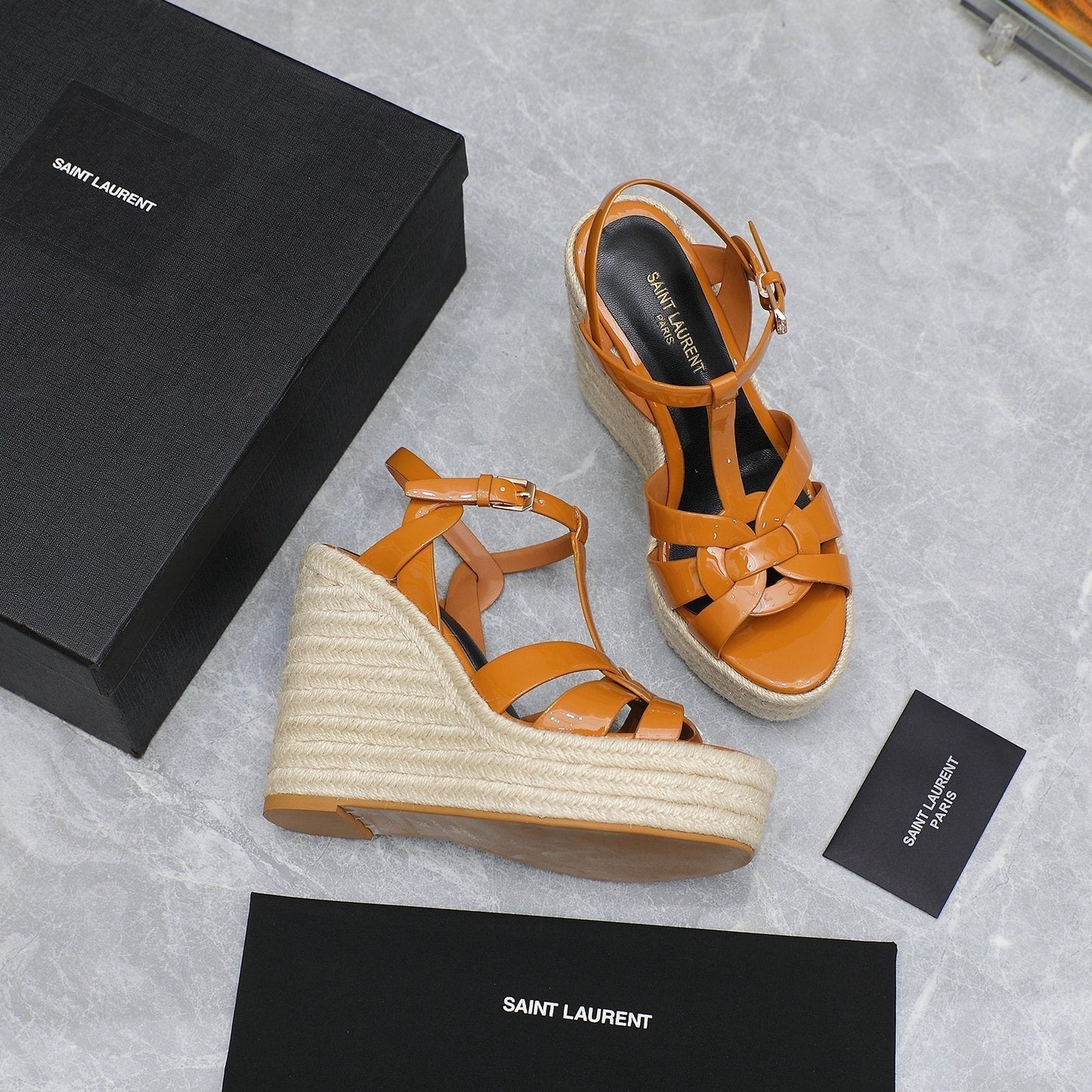 SL TRIBUTE WEDGE SANDALS TANGERINE POLISHED CALFSKIN - 35