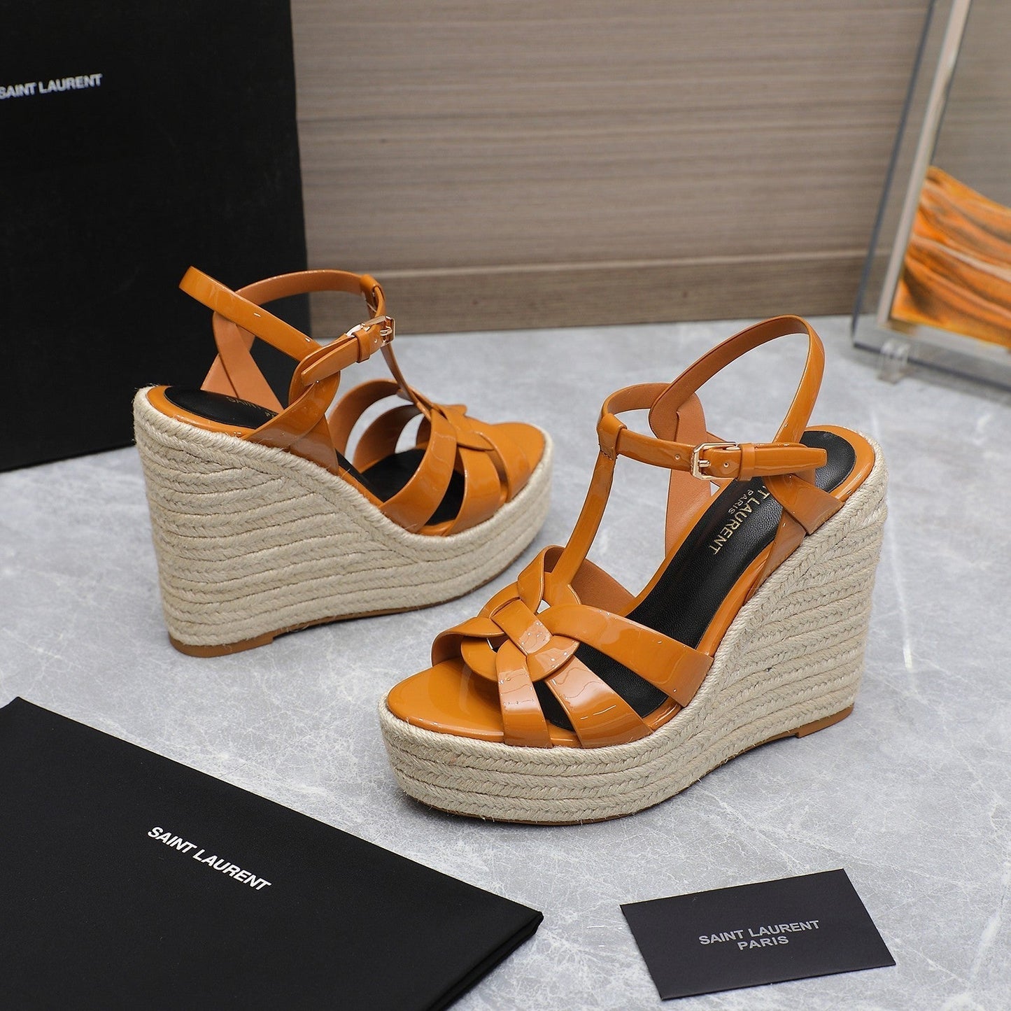 SL TRIBUTE WEDGE SANDALS TANGERINE POLISHED CALFSKIN - 35