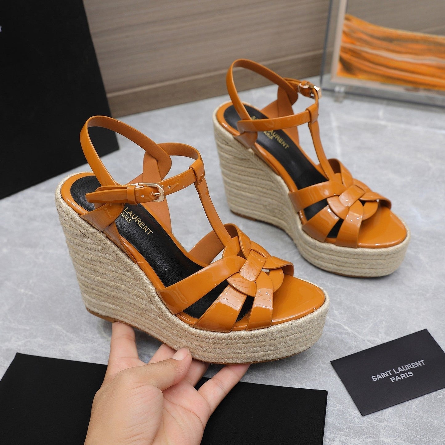 SL TRIBUTE WEDGE SANDALS TANGERINE POLISHED CALFSKIN - 35