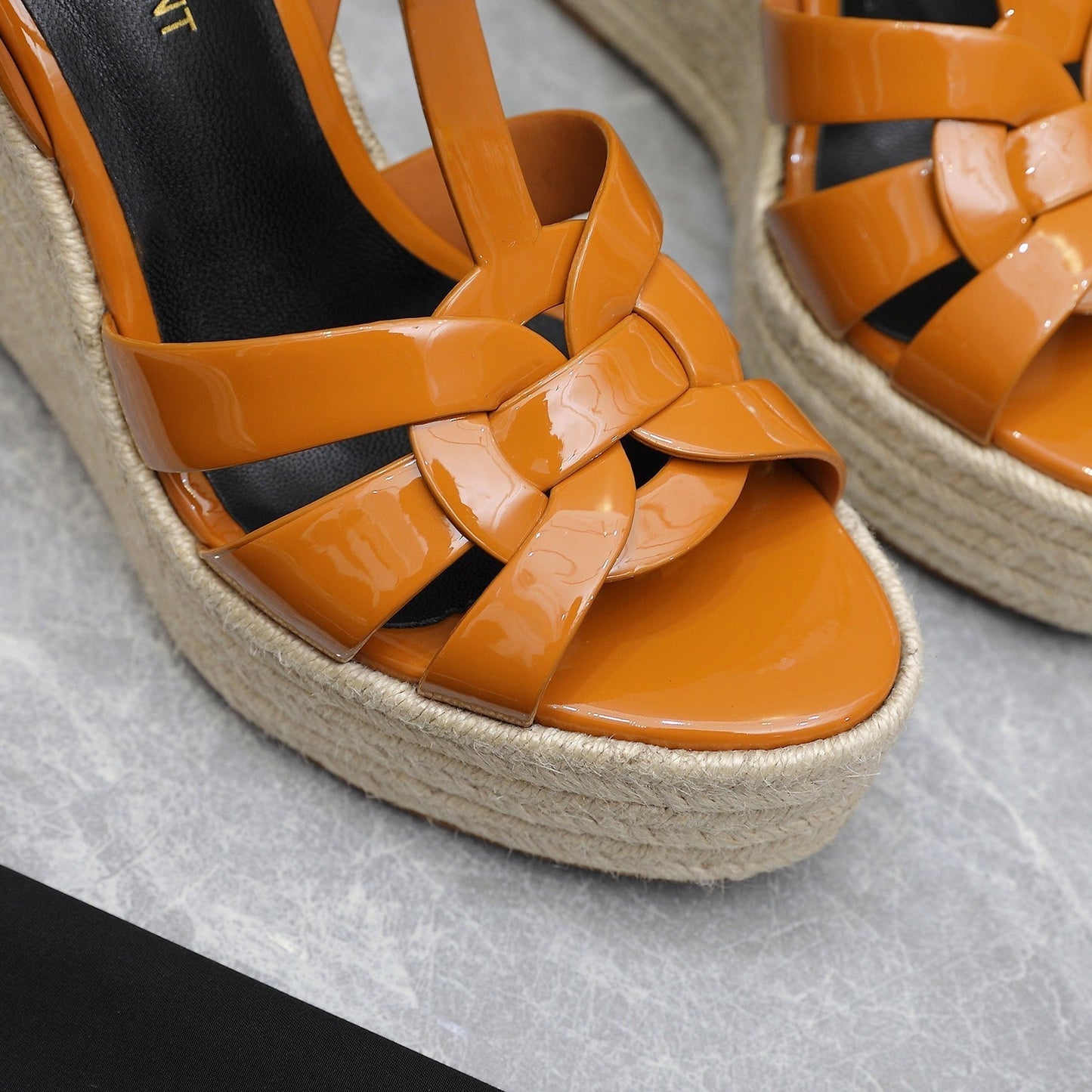 SL TRIBUTE WEDGE SANDALS TANGERINE POLISHED CALFSKIN - 35