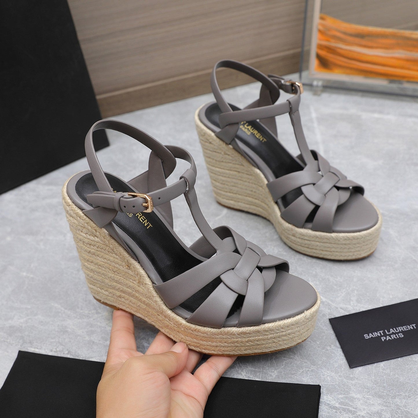 SL TRIBUTE WEDGE SANDALS FOSSIL CALFSKIN - 35