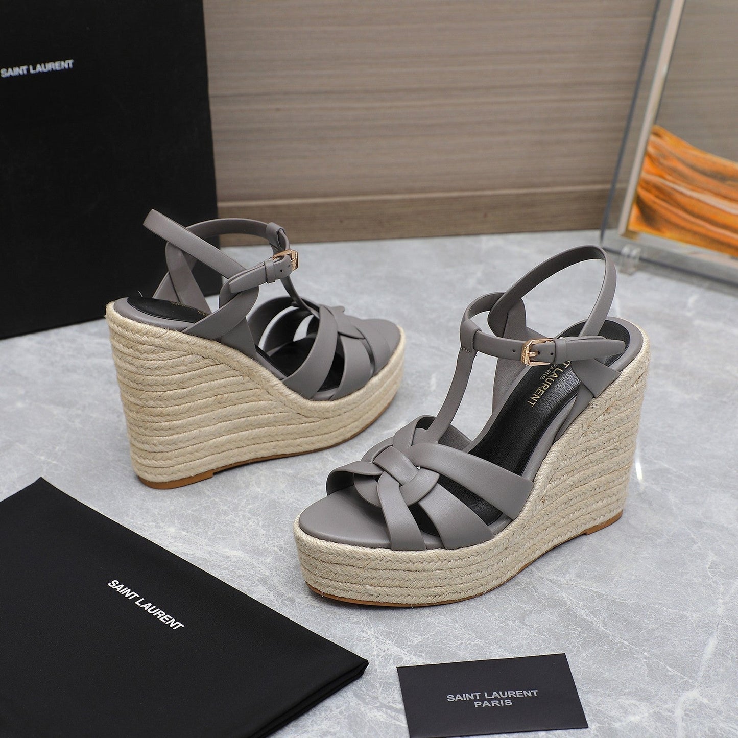 SL TRIBUTE WEDGE SANDALS FOSSIL CALFSKIN - 35