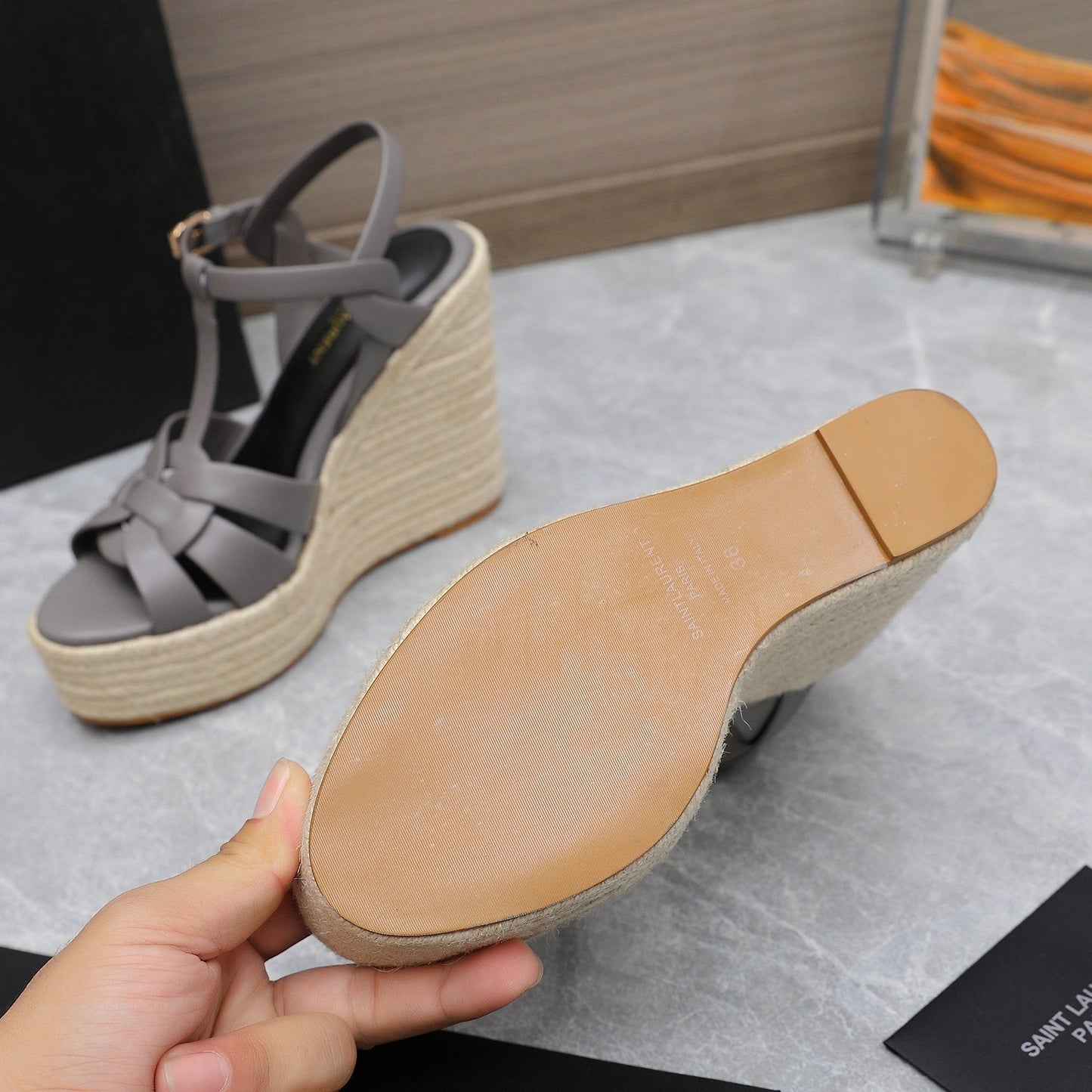 SL TRIBUTE WEDGE SANDALS FOSSIL CALFSKIN - 35