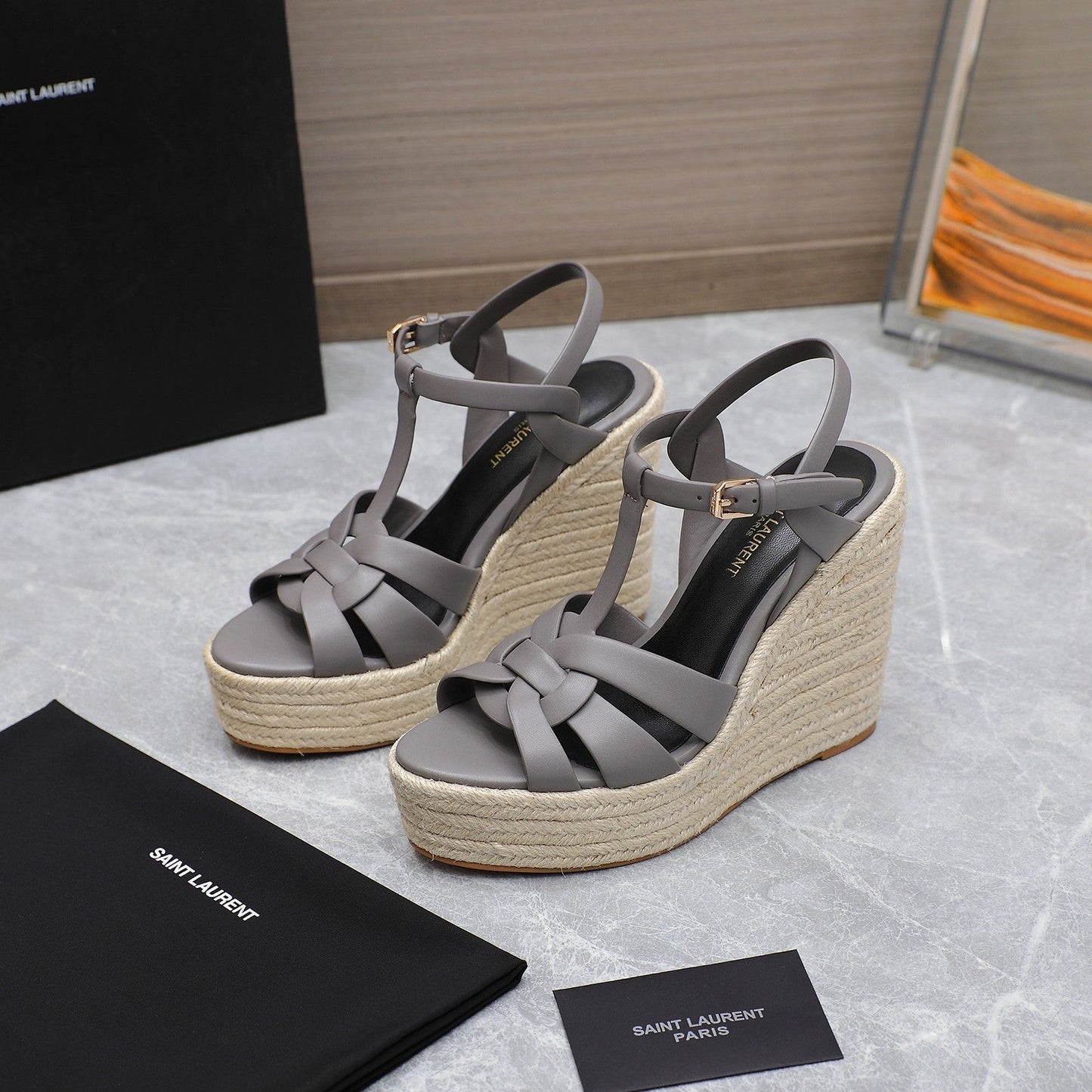 SL TRIBUTE WEDGE SANDALS FOSSIL CALFSKIN - 35