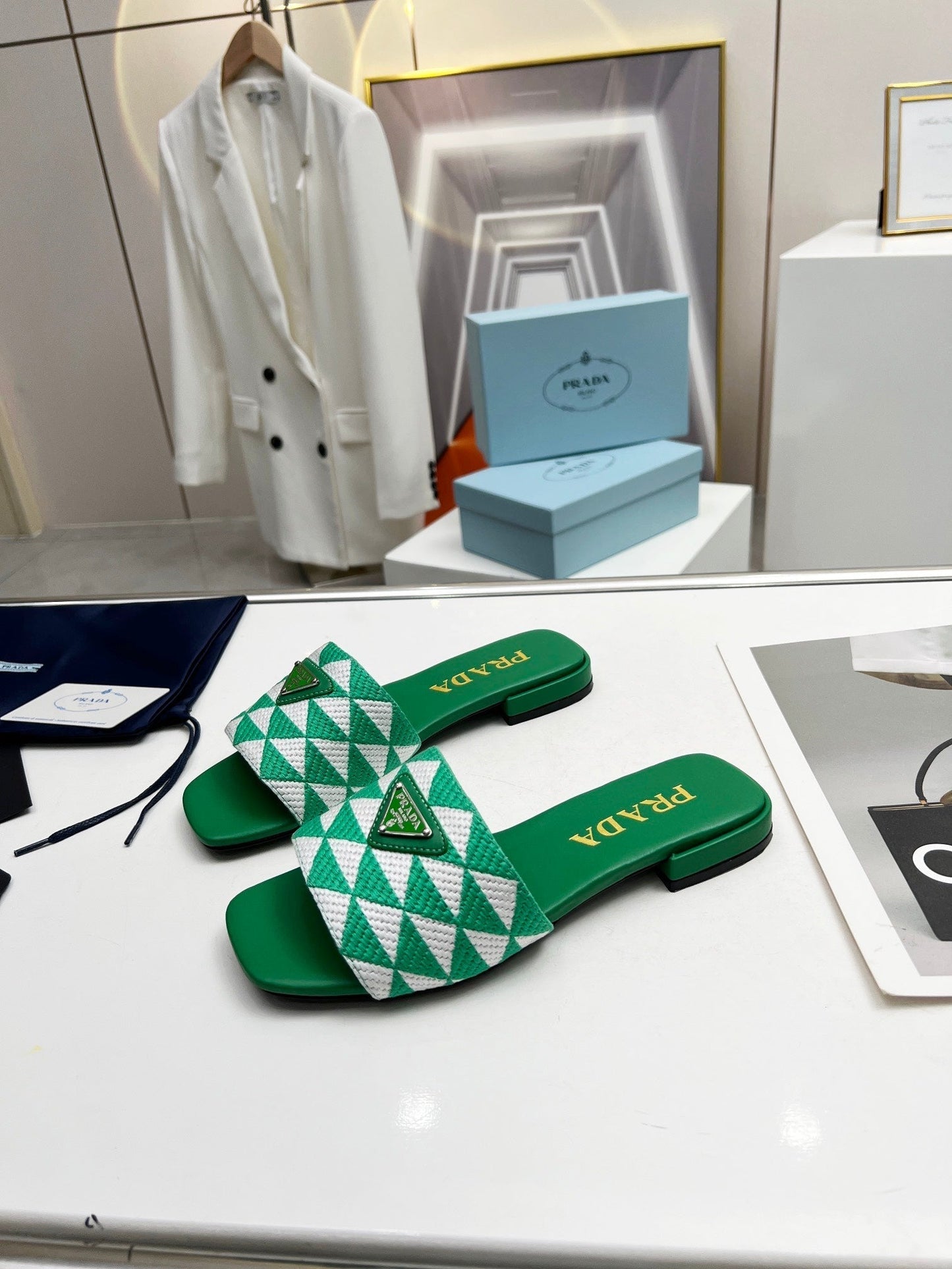 PRA EMBROIDERED SLIDES FLAT GREEN FABRIC - 35