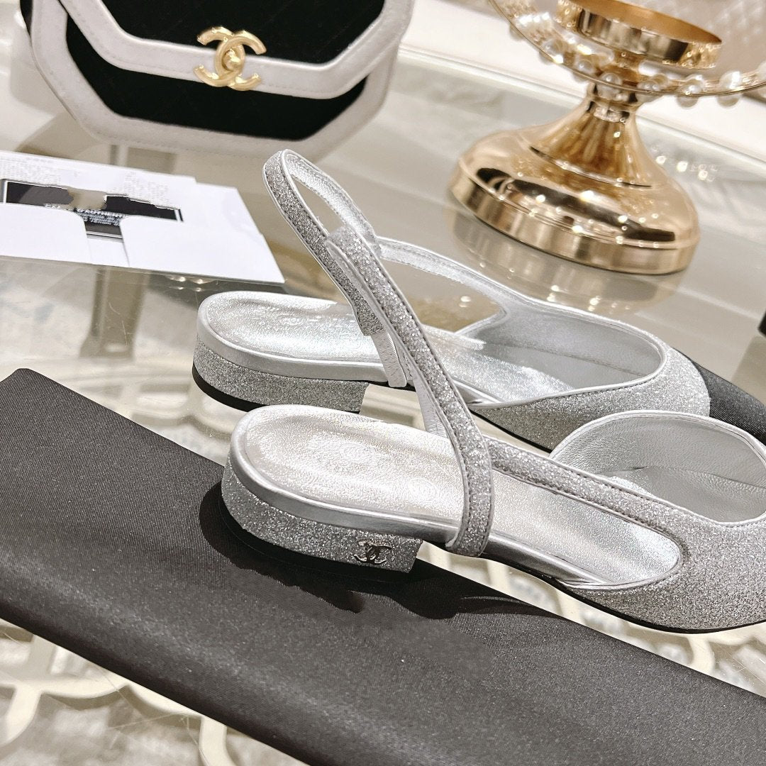 slingback 2.5 glitter silver black grosgrain - 35