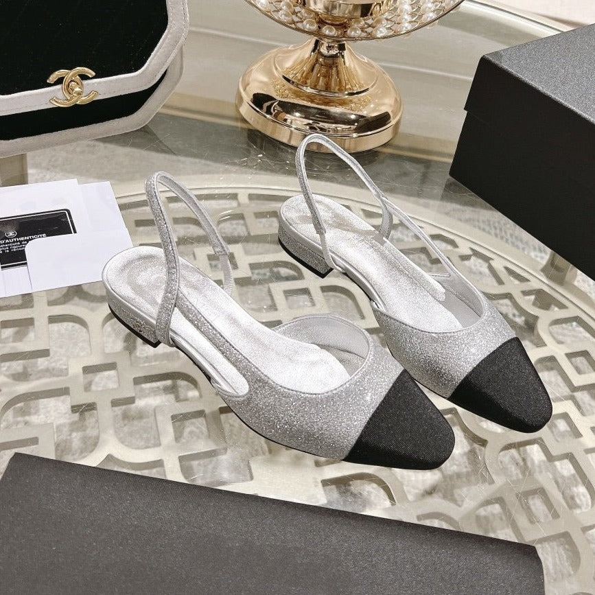 slingback 2.5 glitter silver black grosgrain - 35