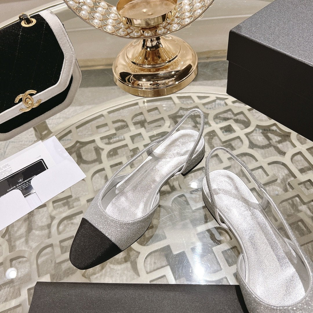 slingback 2.5 glitter silver black grosgrain - 35