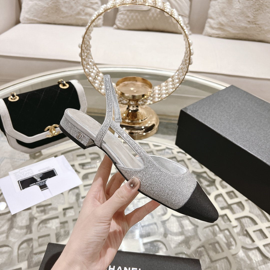 slingback 2.5 glitter silver black grosgrain - 35