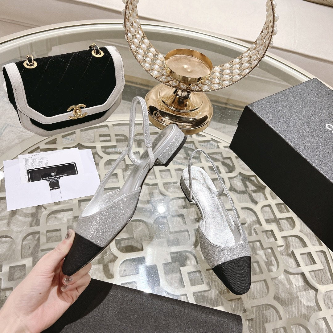 slingback 2.5 glitter silver black grosgrain - 35