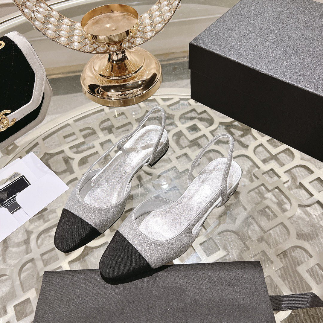 slingback 2.5 glitter silver black grosgrain - 35