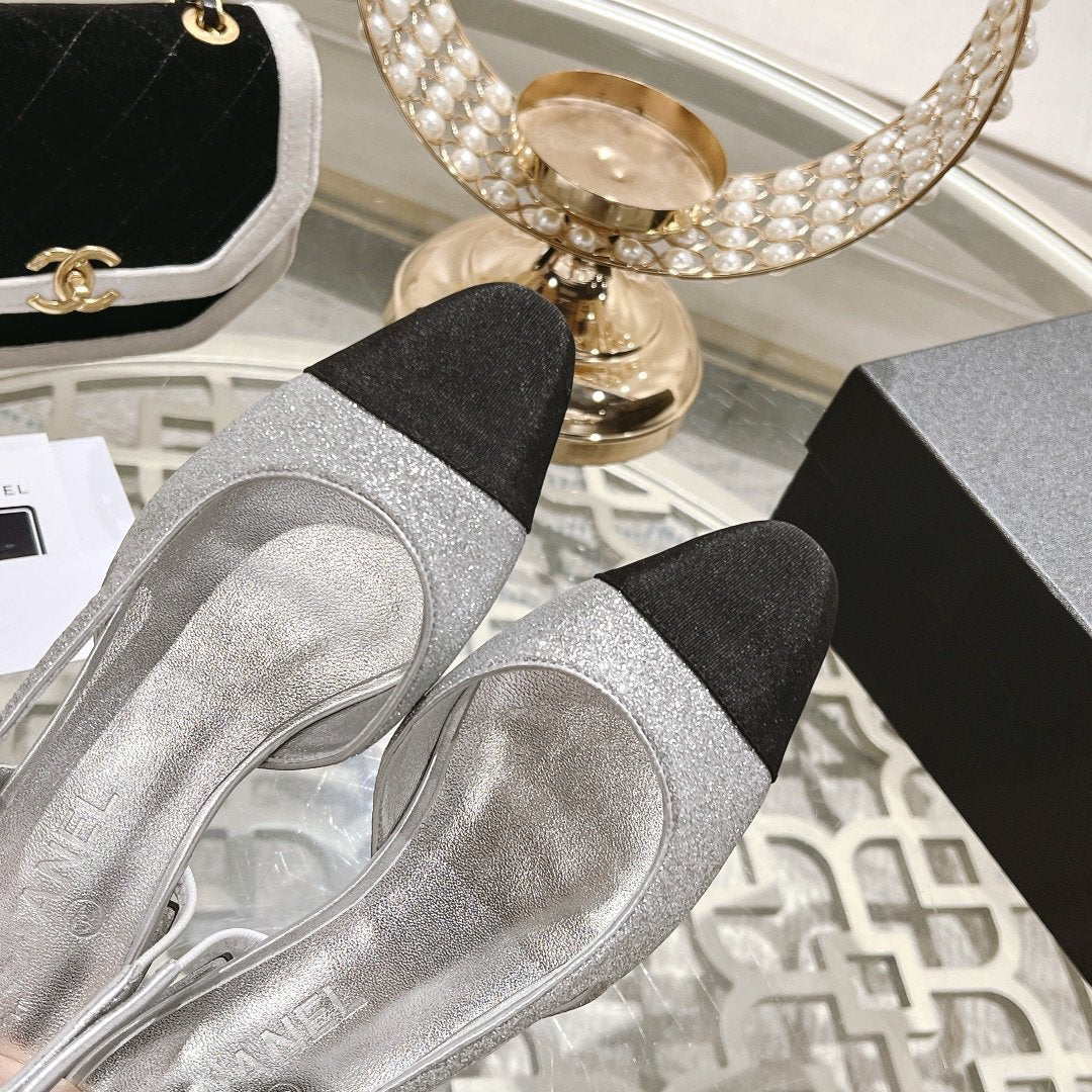 slingback 2.5 glitter silver black grosgrain - 35