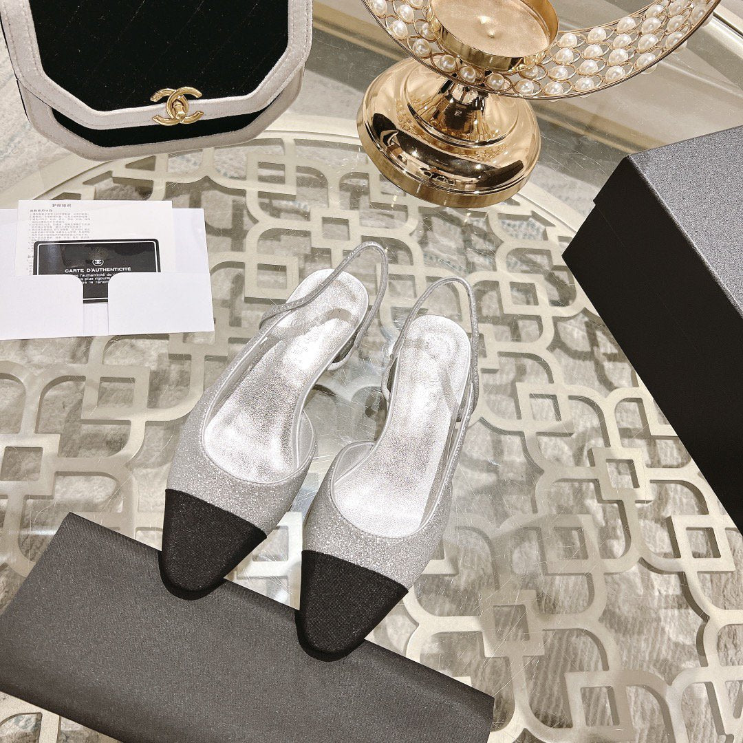 slingback 2.5 glitter silver black grosgrain - 35