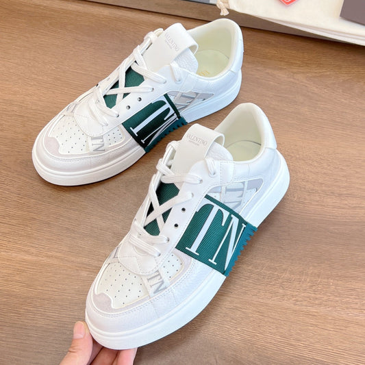VL7N LOW-TOP WHITE CALFSKIN AND PINE GREEN FABRIC SNEAKER WITH BANDS - 35