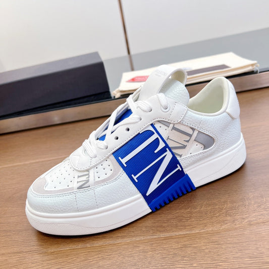 VL7N LOW-TOP WHITE CALFSKIN AND COBALT BLUE FABRIC SNEAKER WITH BANDS - 35