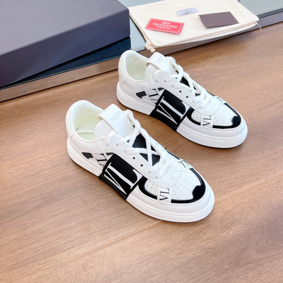 VL7N LOW-TOP WHITE CALFSKIN AND BLACK FABRIC SNEAKER WITH BANDS - 35
