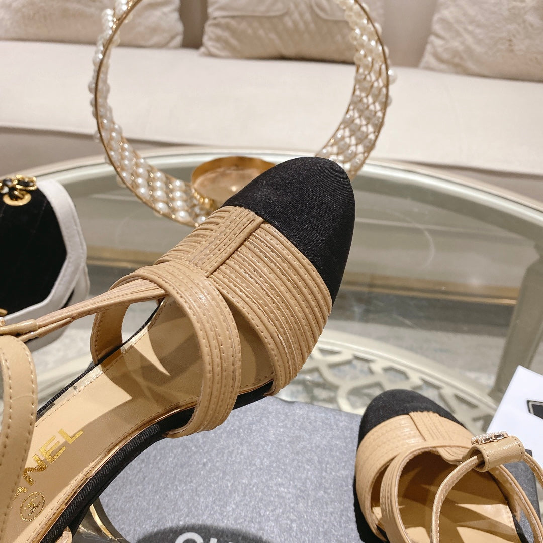 Double C  Heeled Sandals Tan Cream Lambskin - 35