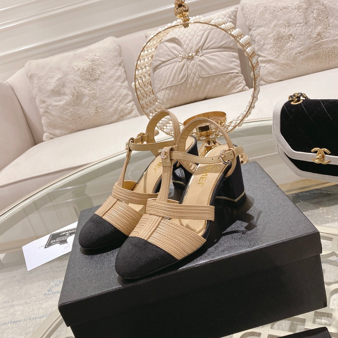 Double C  Heeled Sandals Tan Cream Lambskin - 35