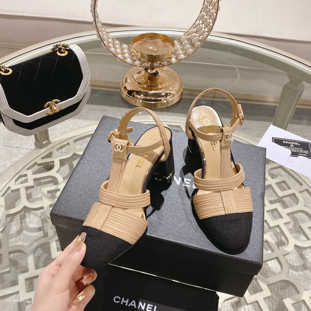 Double C  Heeled Sandals Tan Cream Lambskin - 35