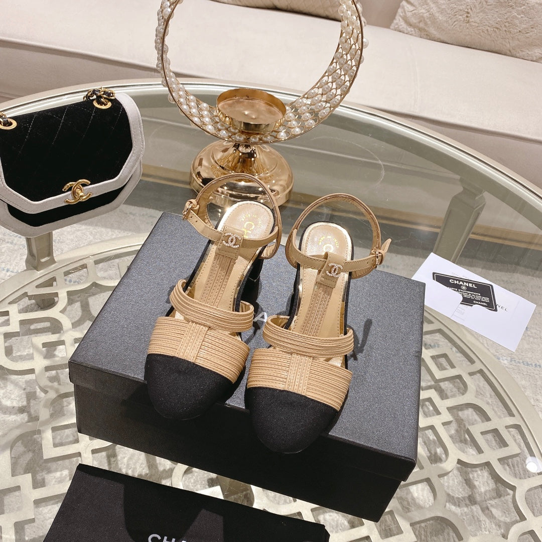 Double C  Heeled Sandals Tan Cream Lambskin - 35