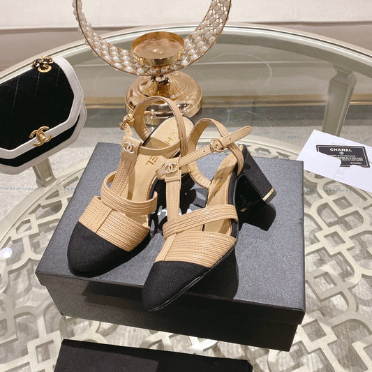 Double C  Heeled Sandals Tan Cream Lambskin - 35
