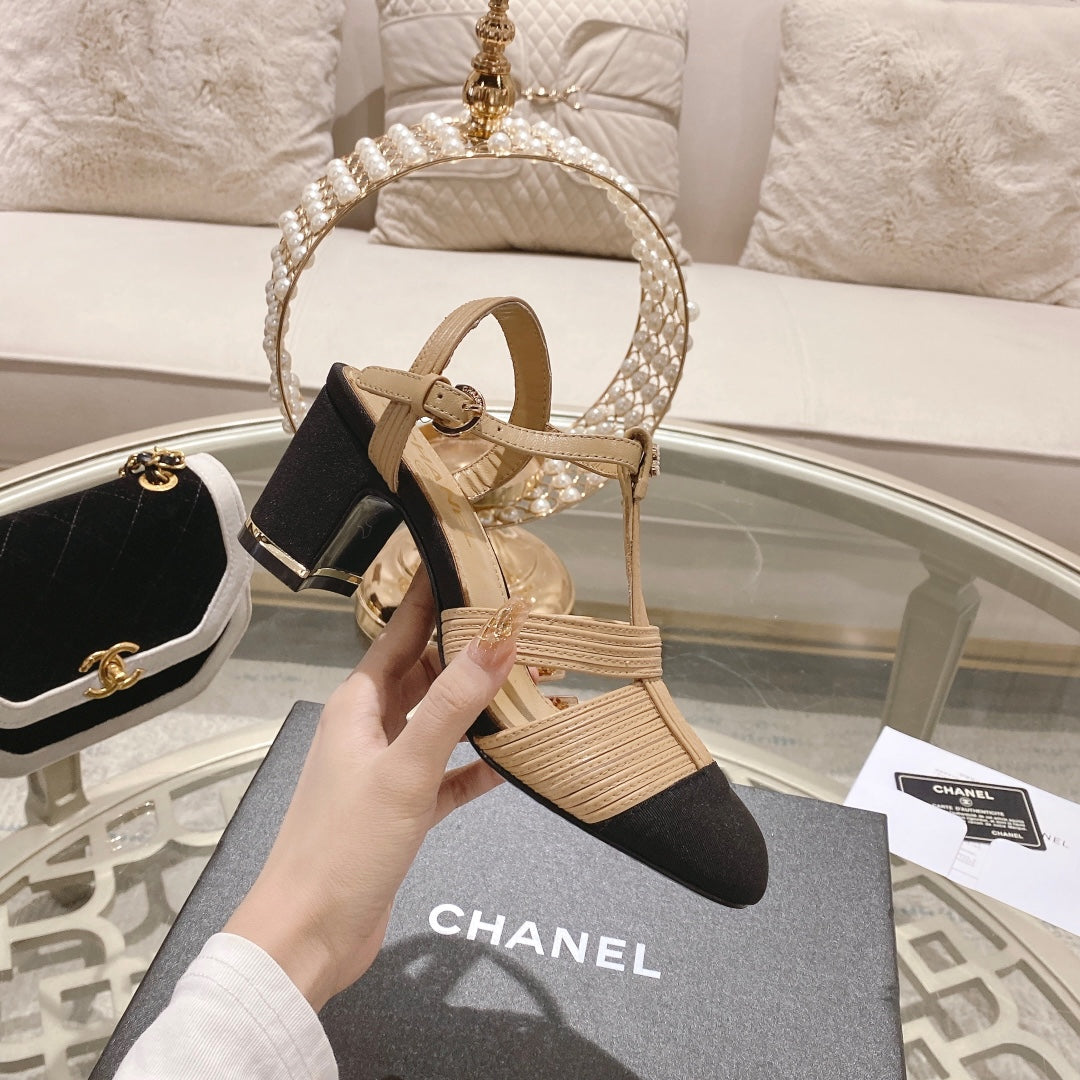 Double C  Heeled Sandals Tan Cream Lambskin - 35